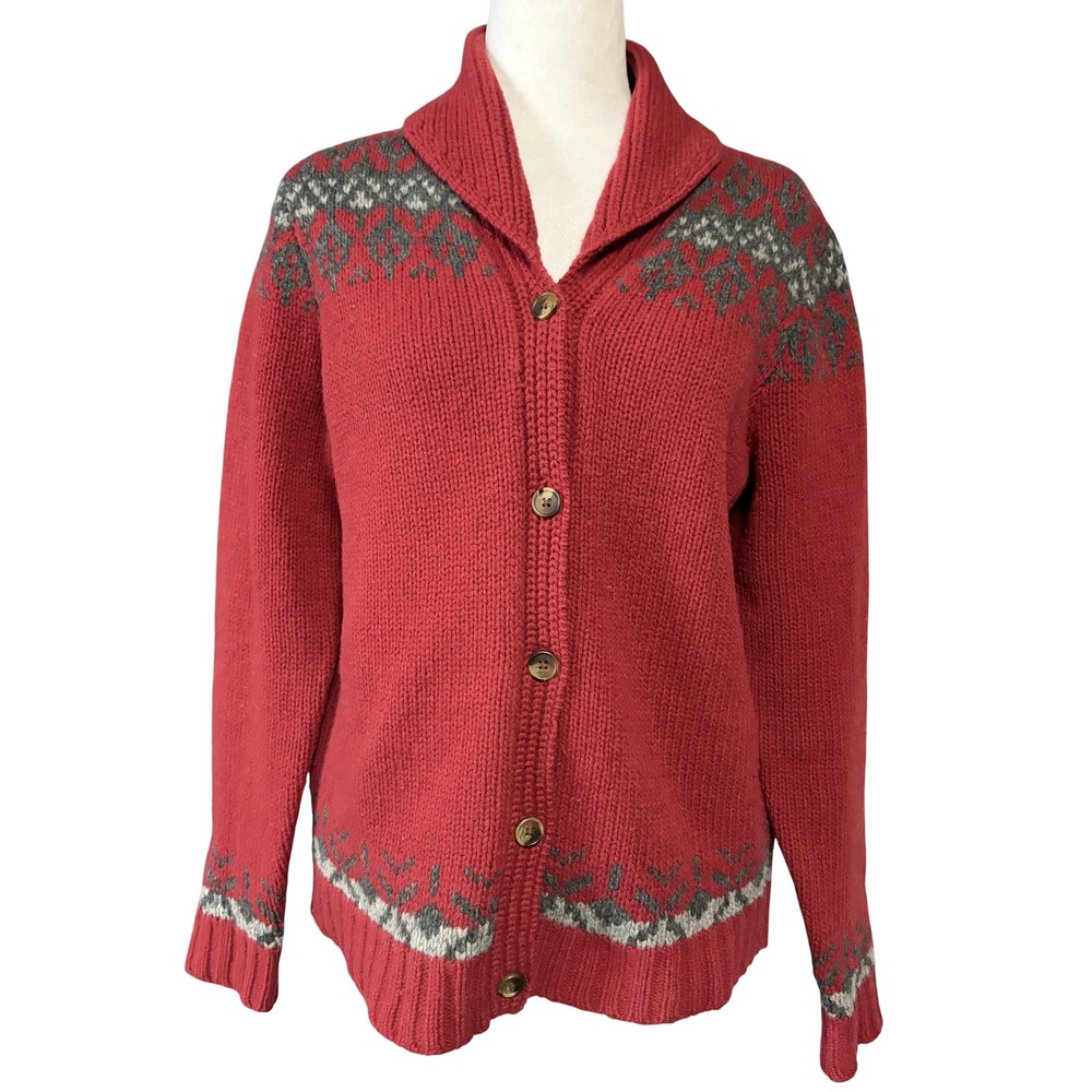 Eddie Bauer Cardigan Sweater Womens Medium Red Lambswool‎ Fair Isle Shawl Collar